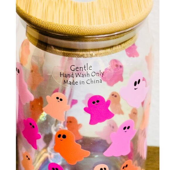 NEW: Pink Ghost, Halloween, Glass Can Sipper with Lid and Straw - Picture 3 of 3